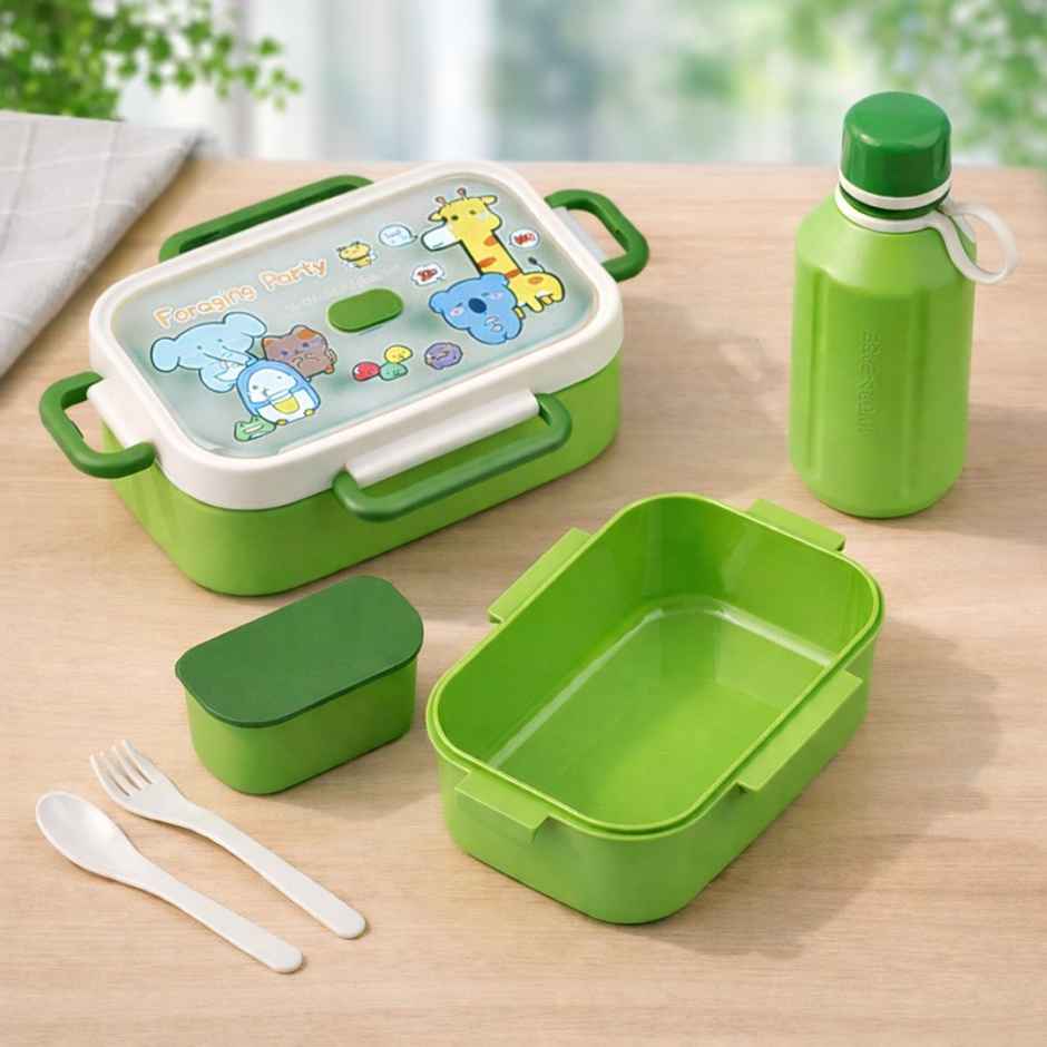 DesignLand Kids Lunch Box with 3 Compartments Leakproof Food Container with Spoon | Green
