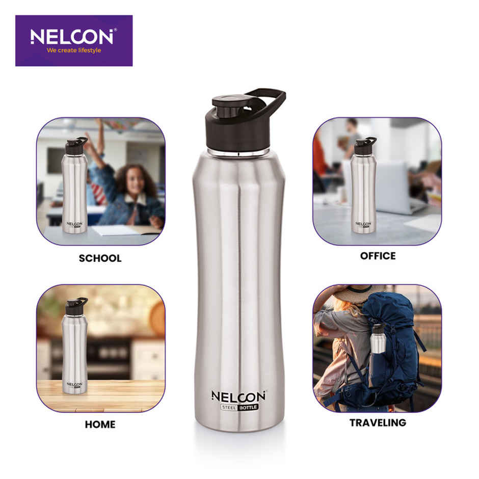 Nelcon Stainless Steel Elito Sipper Sports Water Bottle | Silver | 1 L