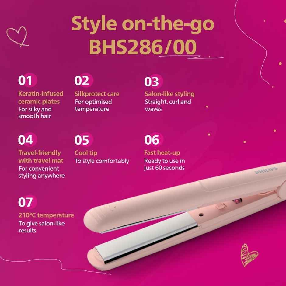 Philips India's No.1 Hair Styling Brand On- the- Go Hair Straightener | BHS286/00 | Pastel Pink