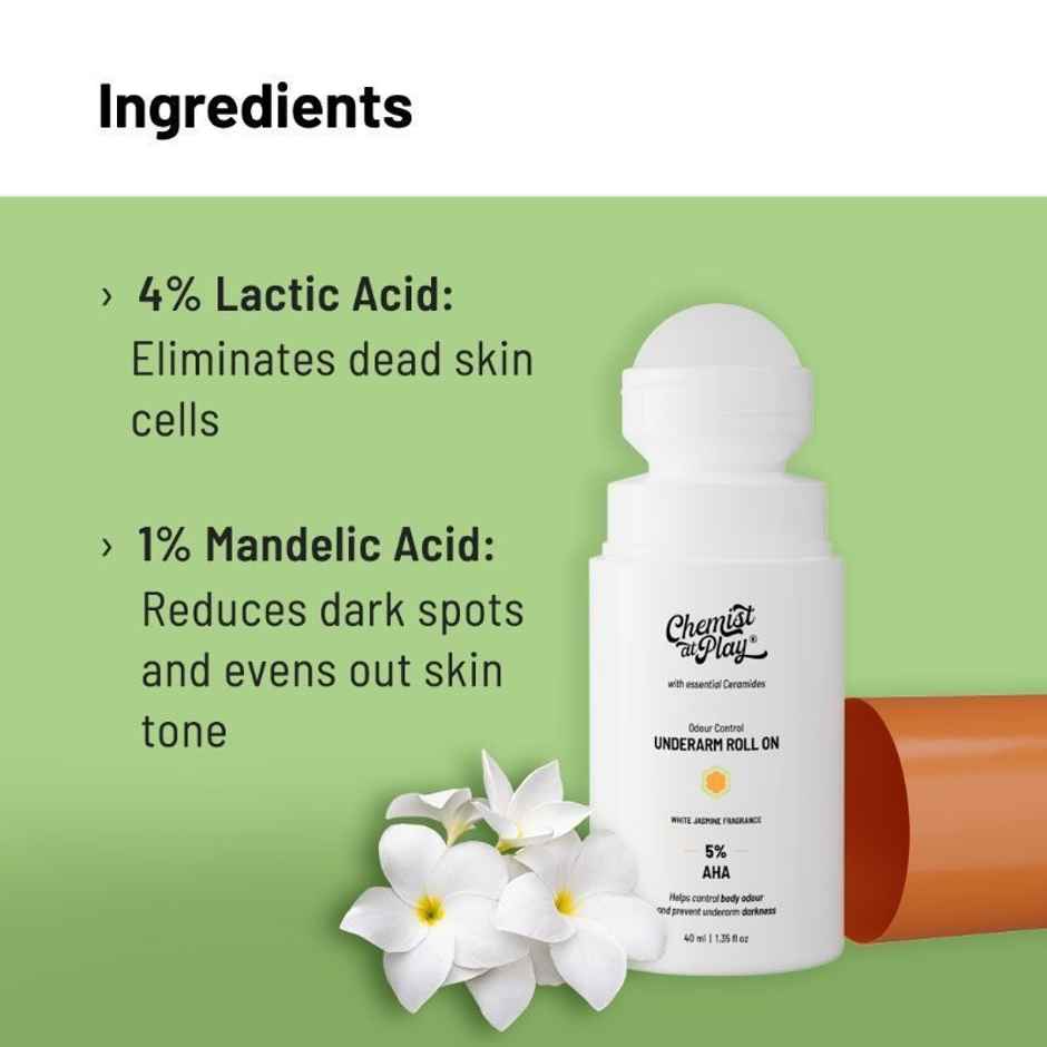 Chemist At Play 5% Aha Underarm Roll On Deodrant Lactic Acid For Men & Women White Jasmine