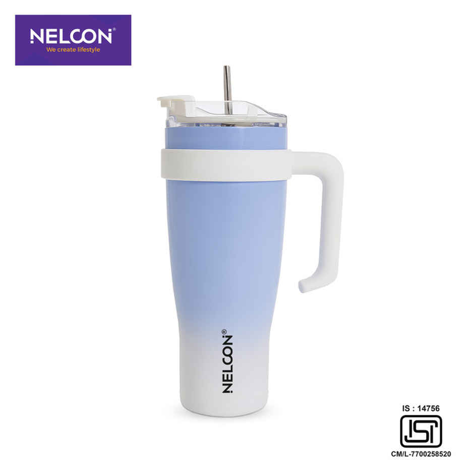 Nelcon Gripsip Double Walled Water Tumbler With Straw | Dual Shade | Light Blue & White | 1.2 L
