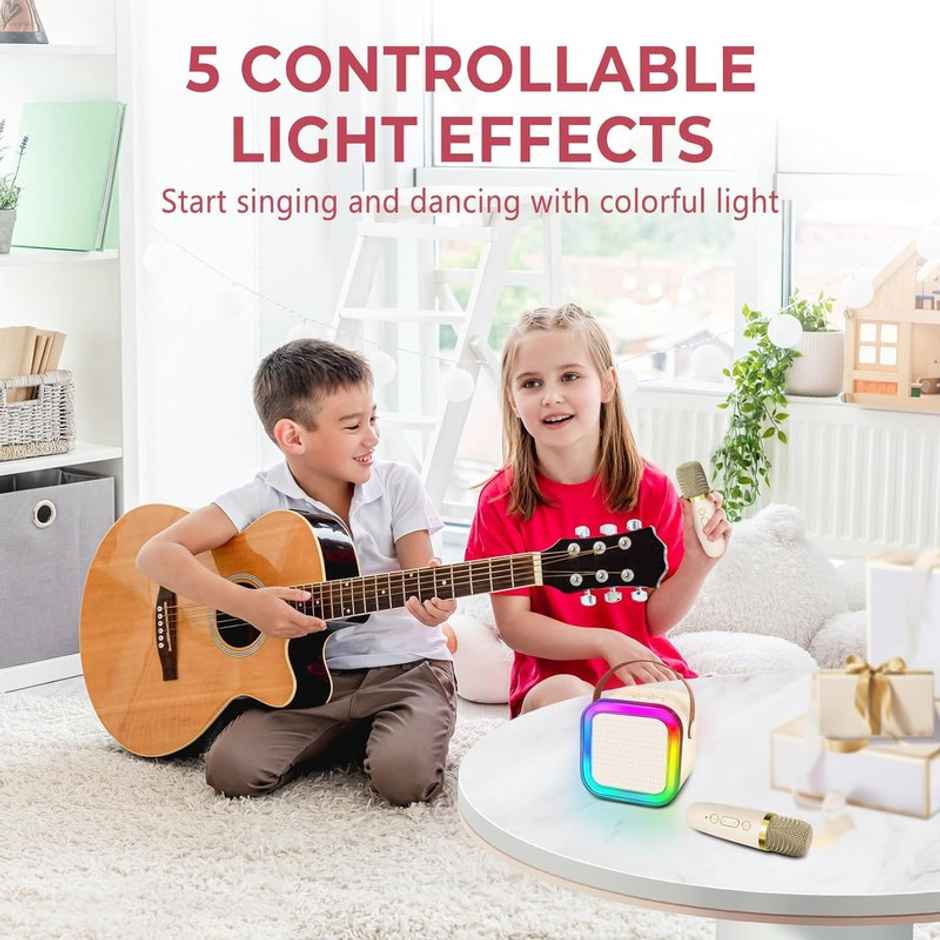 Fablue Mini Karaoke Speaker with Mic Wireless Portable Bluetooth Speaker For Kids - Beige Color