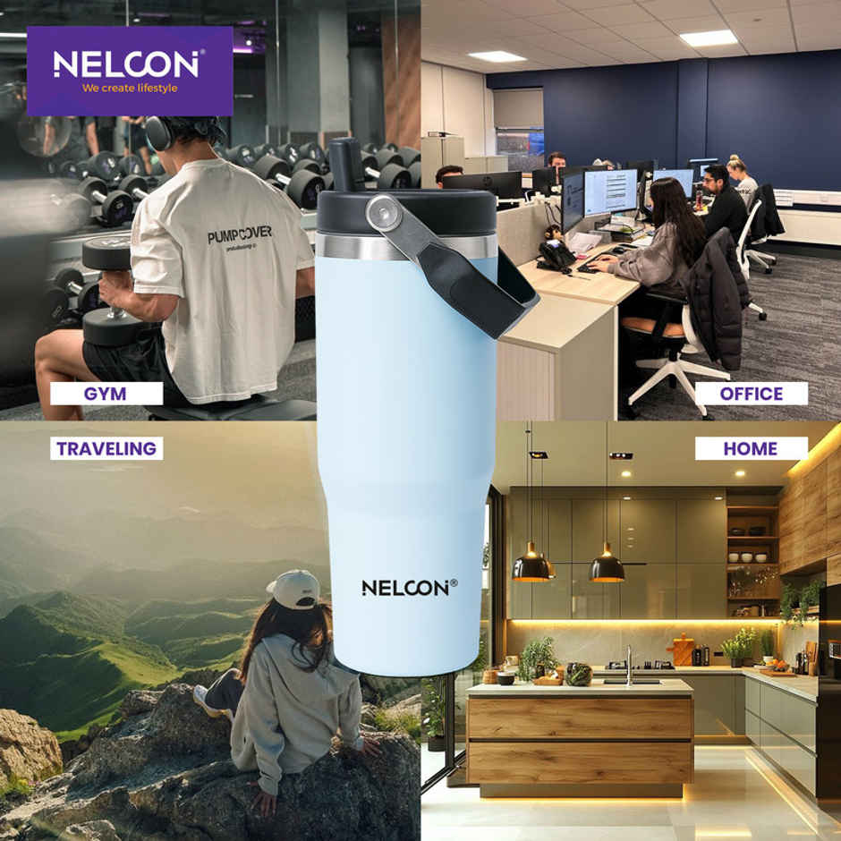 Nelcon Travel Mate Insulated Tumbler | Double Wall Stainless Steel Flask | Sky Blue | 900 ml