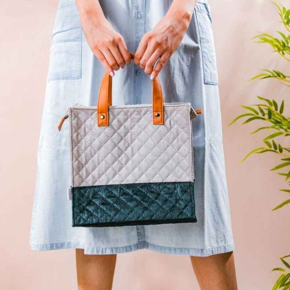 Nestasia Luxe Velvet Lunch Bag Grey And Green