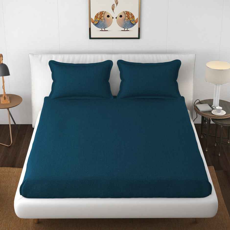 Florida Shades Cotton Elastic Fitted King Size Bedsheet for Double Bed and 2 Pillow Covers 300 TC