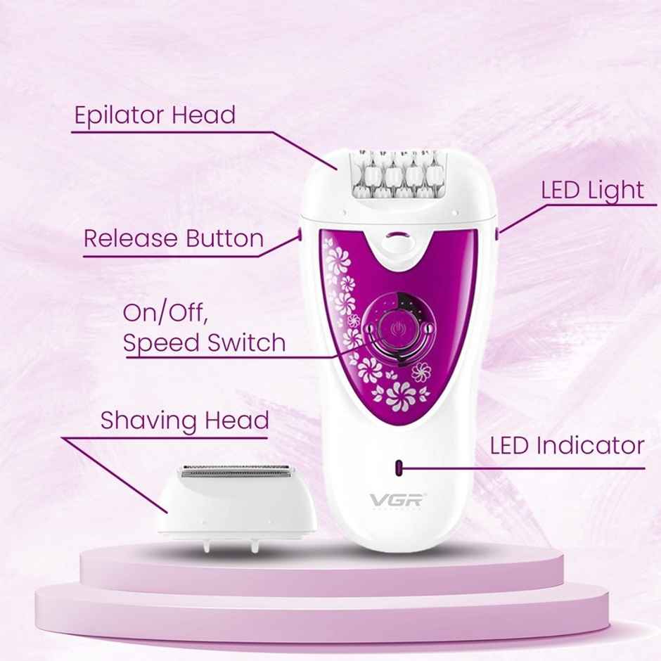 VGR V-722 2-in-1 Cordless Epilator & Shaver | Wet/dry Use | 35min Runtime | Pink