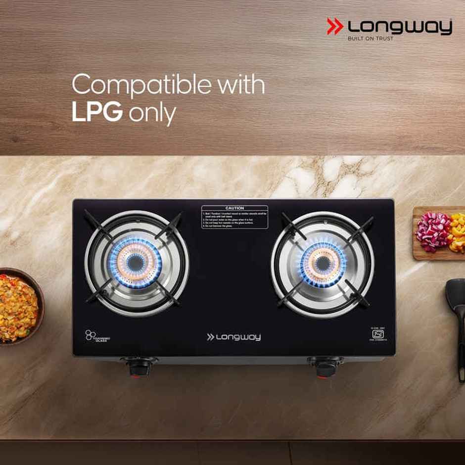 Longway 2 Burner Furn Glass Top | Auto Ignition Glass Gas Stove | ISI Certified | Black