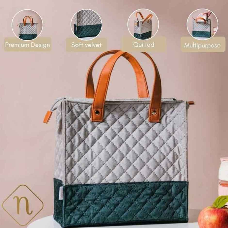 Nestasia Luxe Velvet Lunch Bag Grey And Green