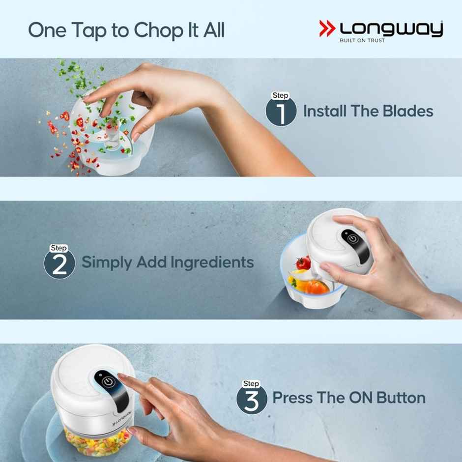 Longway Slicer Rechargeable Mini Electric Chopper | 250ml Food Grade Bowl | White