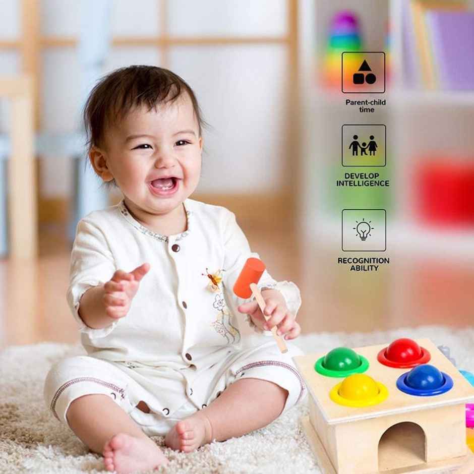 Toyshine Wooden Ball Hammer Pound Shape Sorter Toy For Toddlers 4 Balls 1 Hammer Toy Montessori