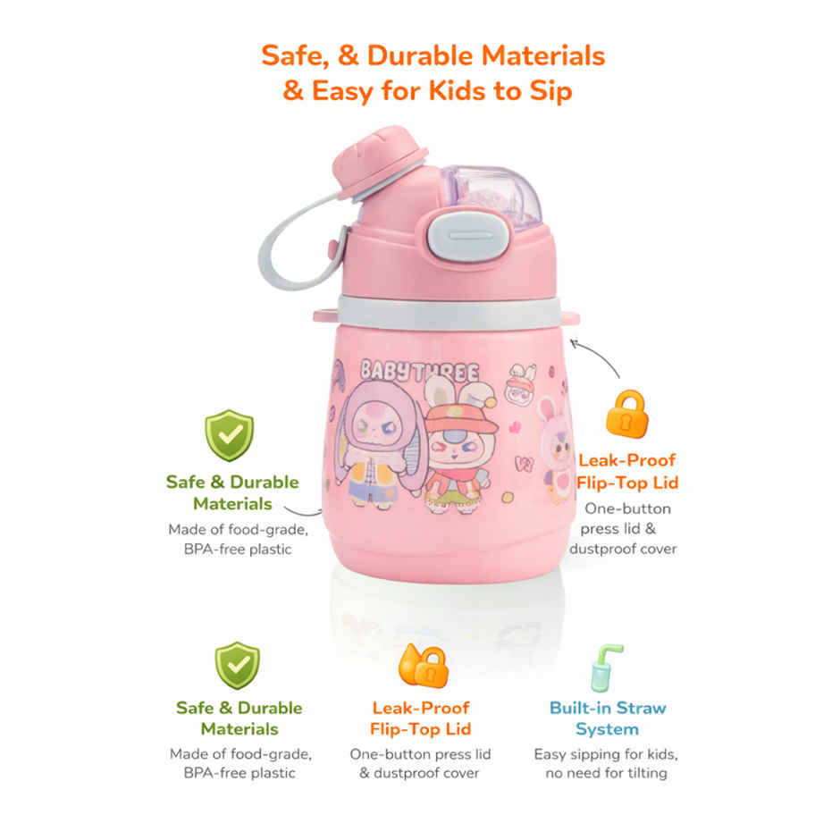 DesignLand Baby Three Green Water Bottle | Pink | 350 ml