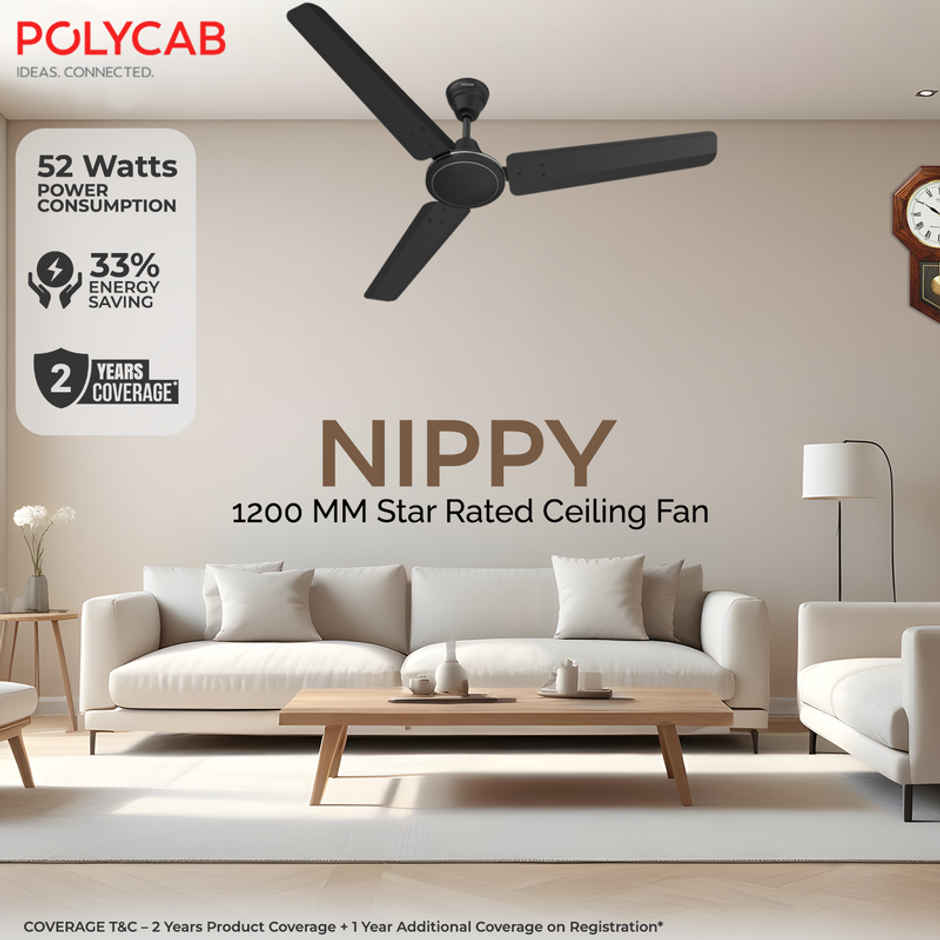 Polycab Nippy Ceiling Fan,1200mm,Corrosion Resistant G-Tech Blades,1 Star,Matt Black