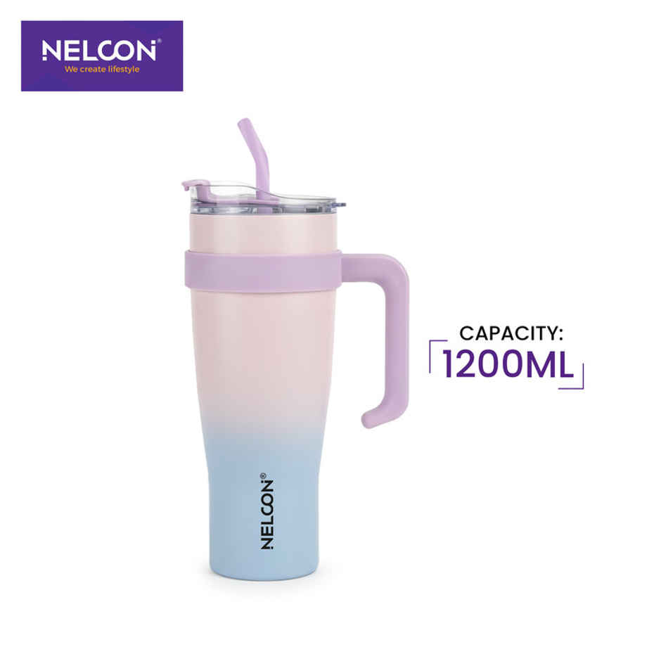 Nelcon Gripsip Double Walled Water Tumbler With Straw | Dual Shade | Light Pink & Blue | 1.2 L