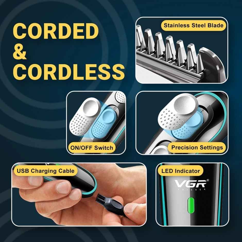 VGR V-055 Professional Beard & Mustache Hair Trimmer for Men | 120 Min Runtime | Black