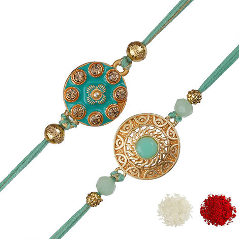 Stone Light Blue & Golden Premium Designer Rakhis & Roli Chawal Pack (eCraftIndia) Set of 2