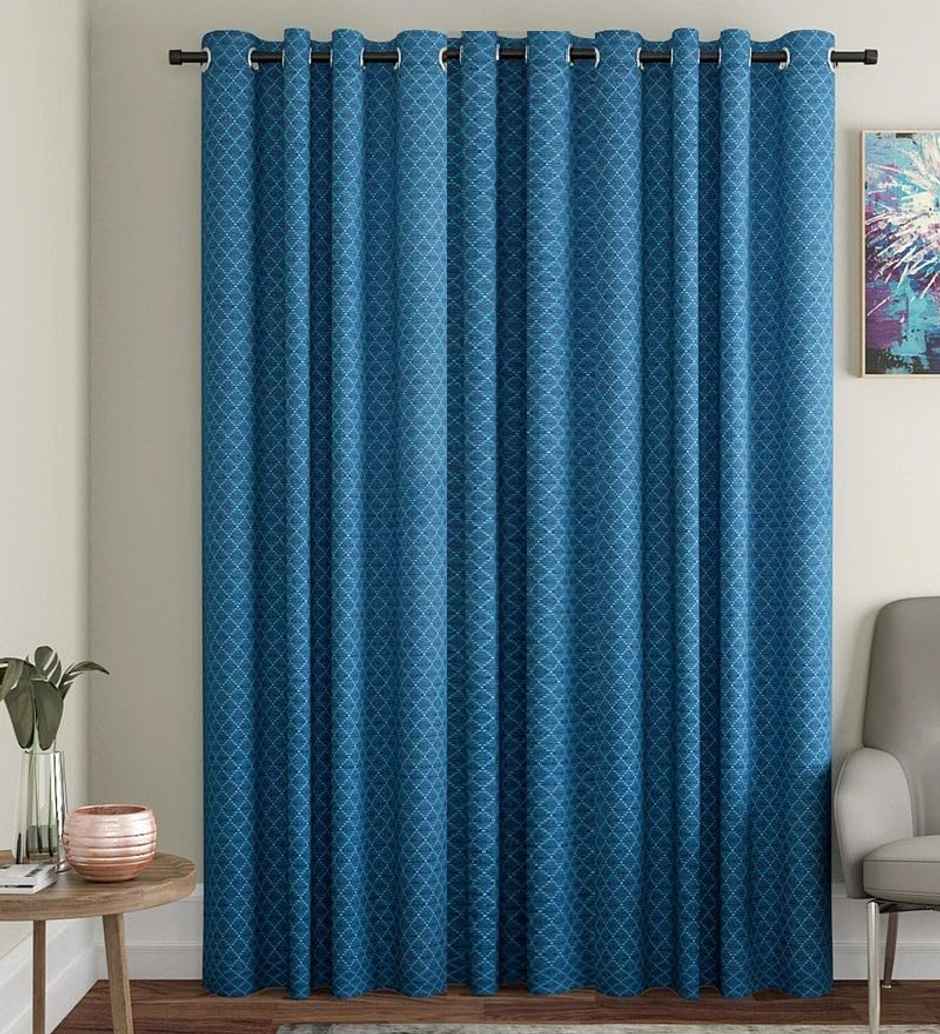CasaCraft Pepperfry Door Curtain 7ft Blue Geometric Dobby Weave 100% Cotton Light Filtering Eyelet