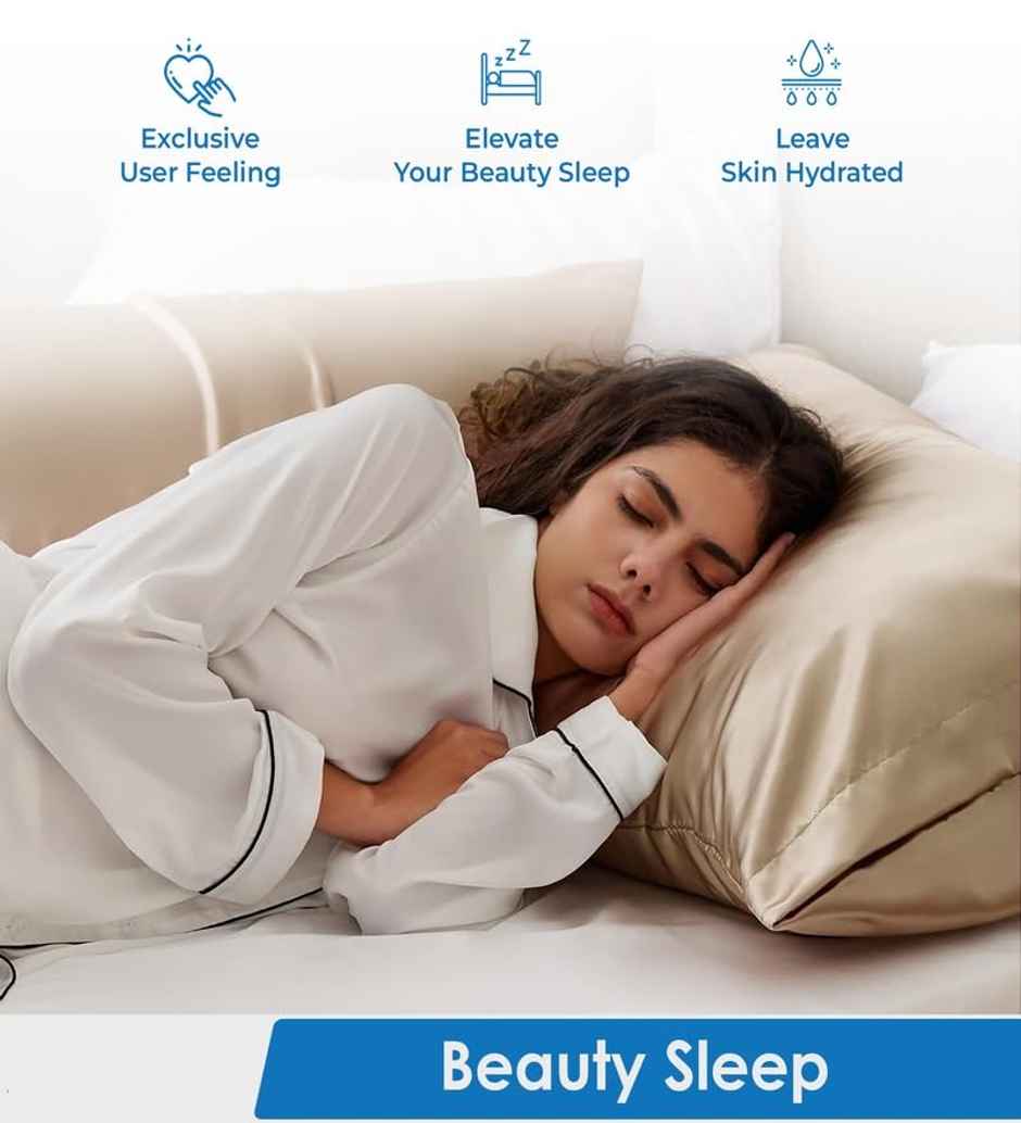 Casacraft by Pepperfry Beige Solid 400 TC Silk 2 Pillow Covers With 3 Scrunchies Free