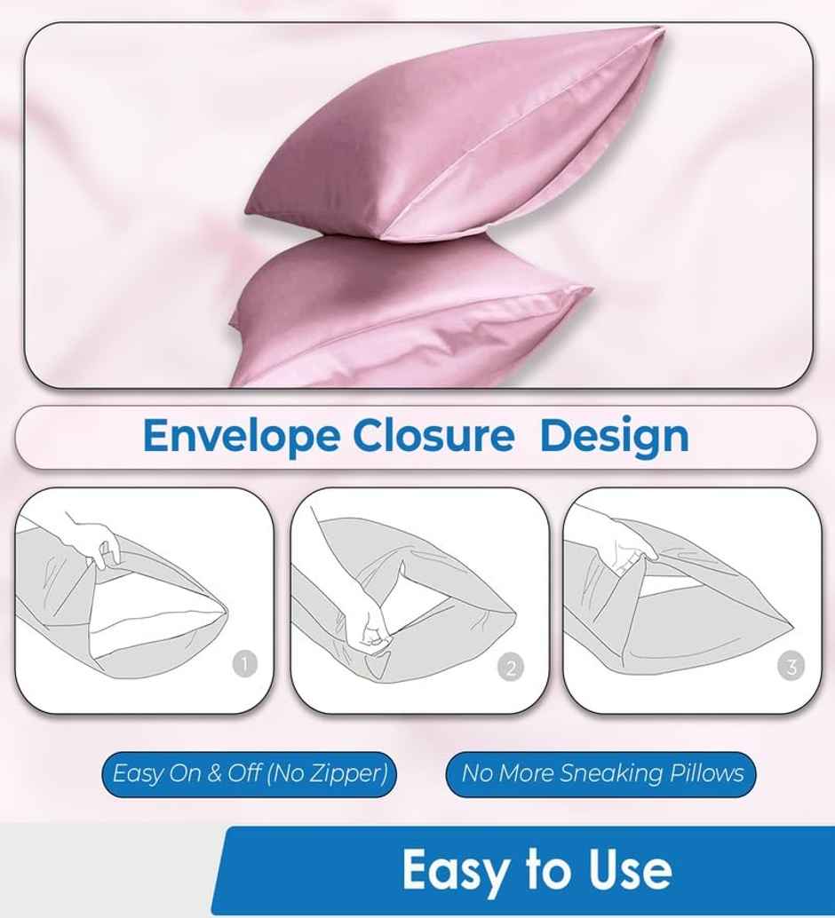 Casacraft by Pepperfry Pink Solid 400 TC Silk 4 Pillow Covers With 6 Scrunchies Free