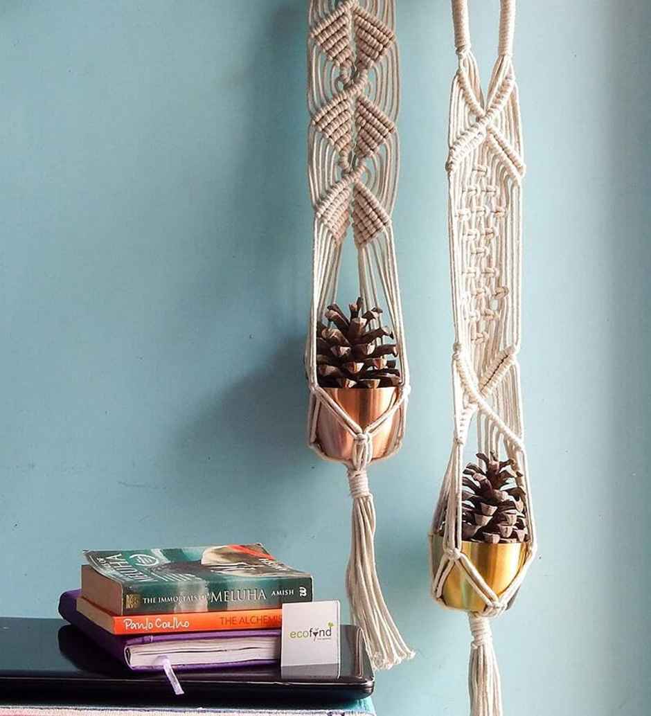 CasaCraft Pepperfry Macrame Cotton Pack of 2 (Without Pot) Off-White Rope Flower Hanging Planter