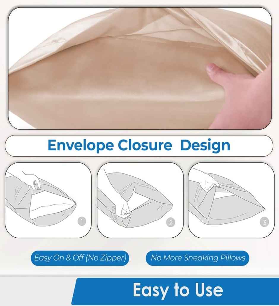 Casacraft by Pepperfry Beige Solid 400 TC Silk 2 Pillow Covers With 3 Scrunchies Free