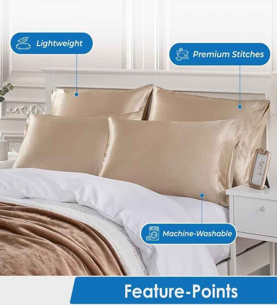 Casacraft by Pepperfry Beige Solid 400 TC Silk 2 Pillow Covers With 3 Scrunchies Free