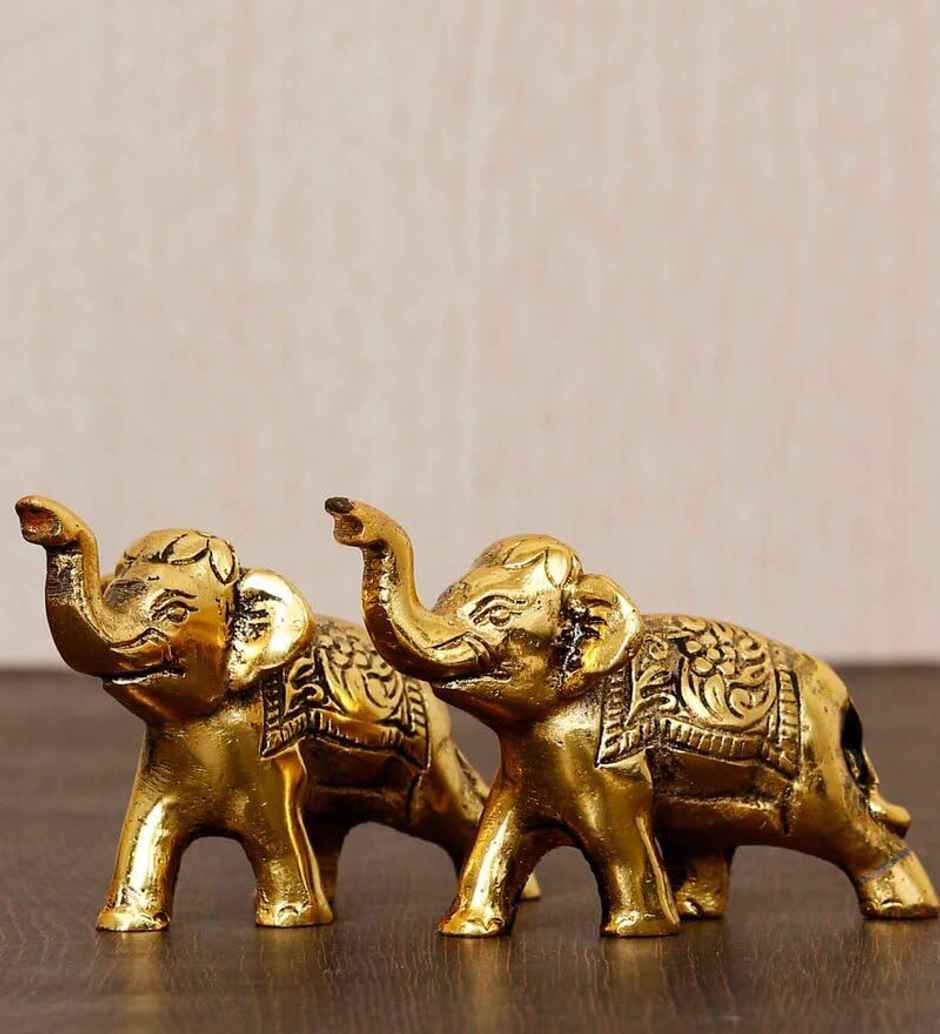 Casacraft Pepperfry Elephant Goodluck Figurine Set | Golden Metal Handcrafted Showpiece For Home