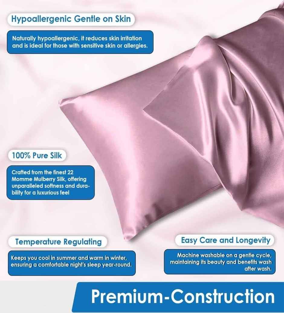 Casacraft by Pepperfry Pink Solid 400 TC Silk 4 Pillow Covers With 6 Scrunchies Free