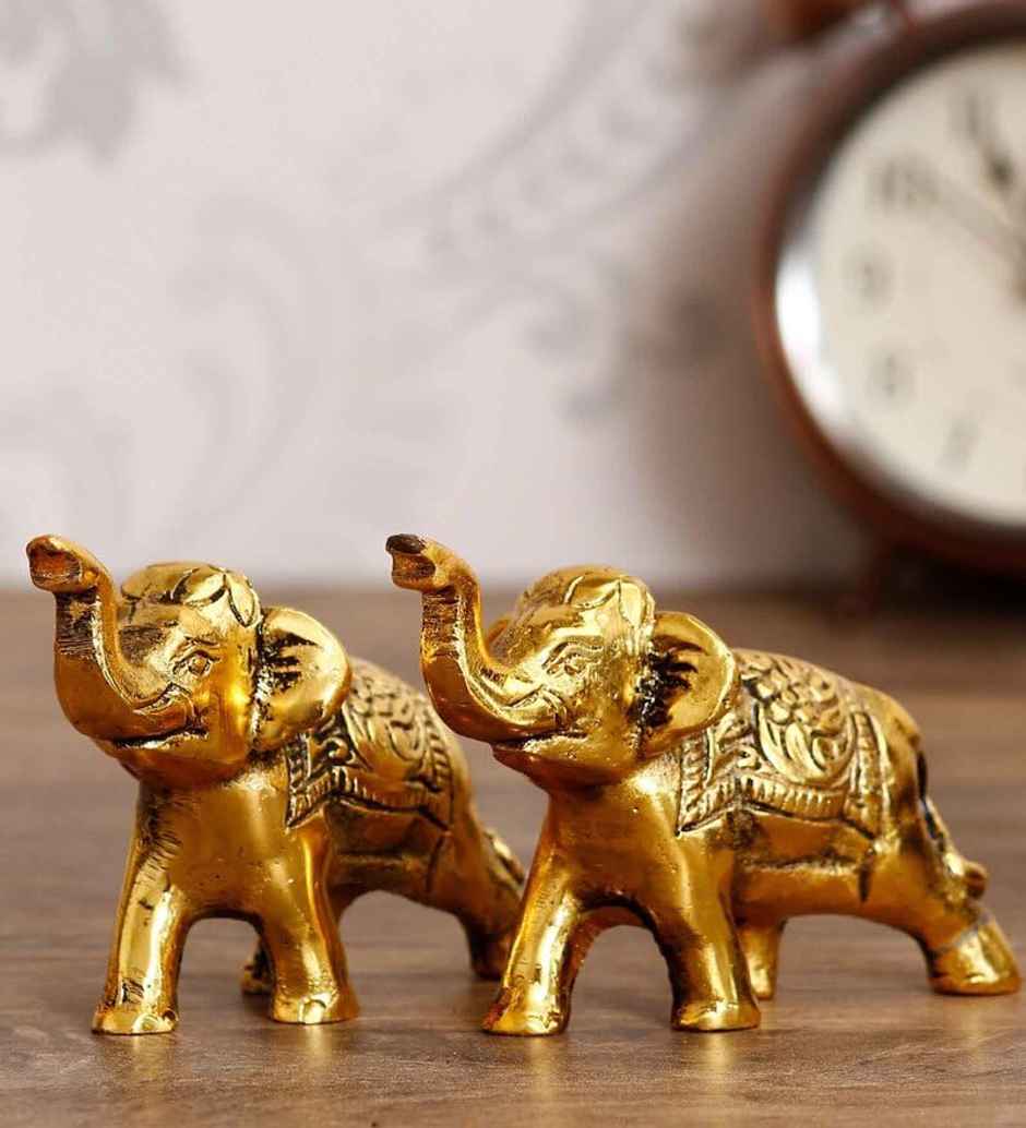 Casacraft Pepperfry Elephant Goodluck Figurine Set | Golden Metal Handcrafted Showpiece For Home