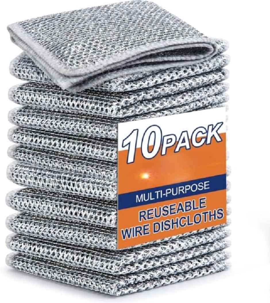 Clazkit Non-Scratch Wire Resuable Dishcloths - Pack Of 10 - Ideal For Washing Dishes, Sinks
