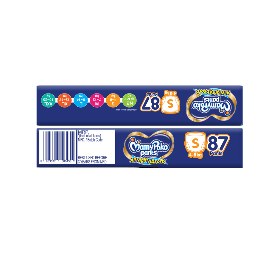 Mamypoko Pants All Night Absorb Pant-Style Baby Diapers | Size S (4-8 kg)
