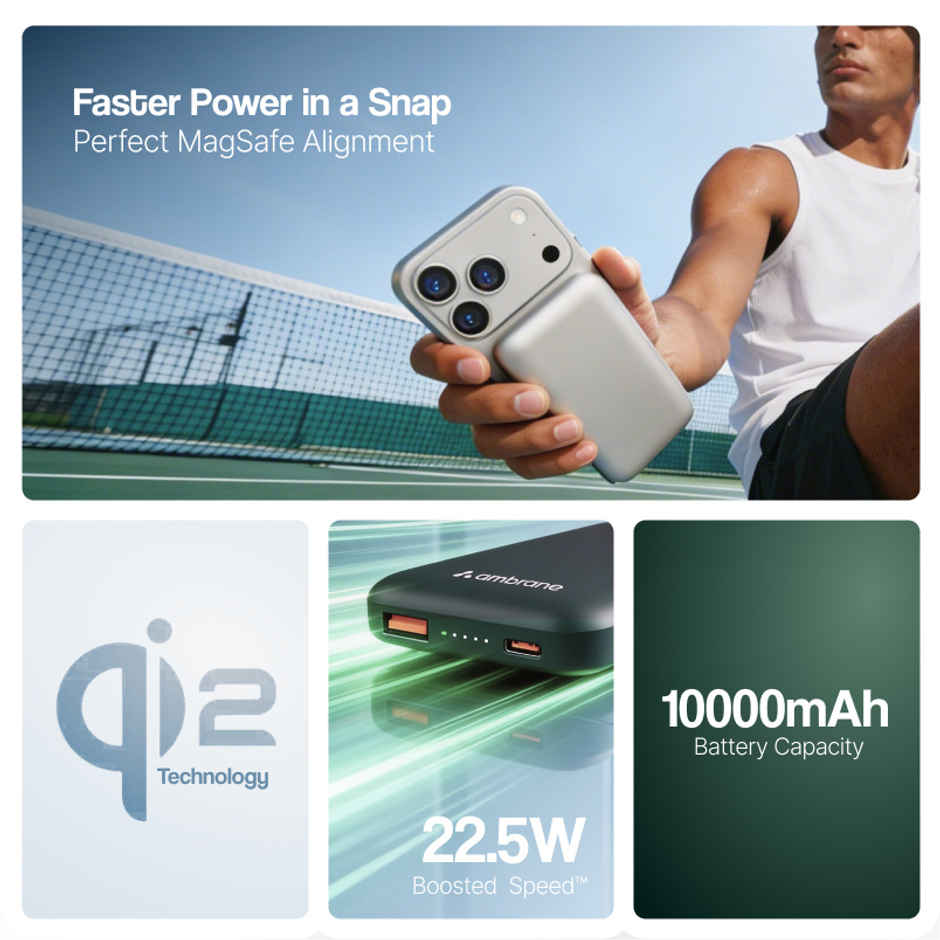 Ambrane Qi2 MagSafe 10000mAh 22.5W Fast Wireless Power Bank for iPhone 12 Plus Android Blue