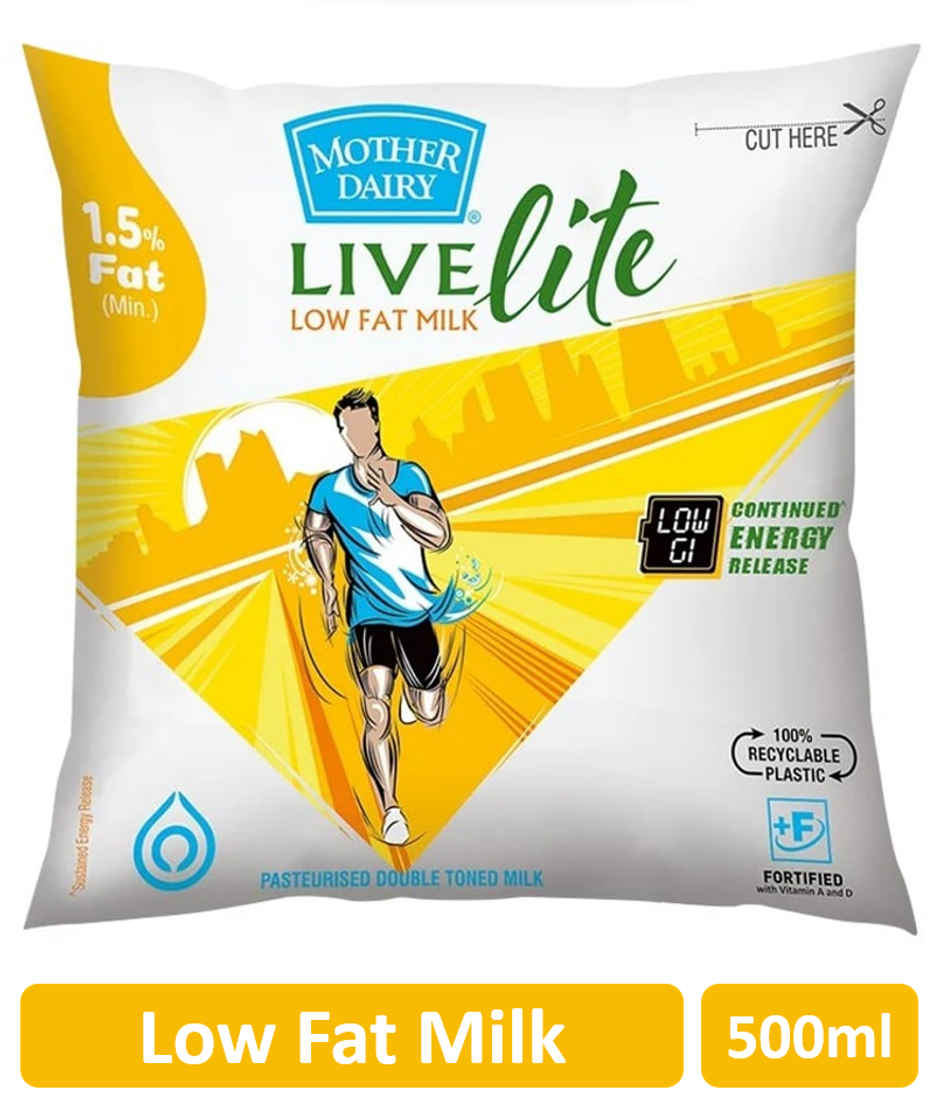 Mother Dairy Double Toned Live Lite Fresh Milk | Pouch