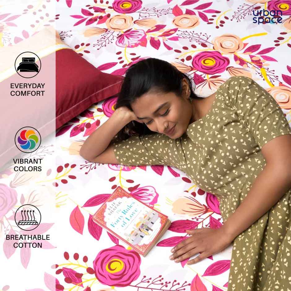 Urban Space Double 100% Cotton 144 TC Floral Bedsheet, 2 Pillow Covers | Earth Pink | 100 x 90 in