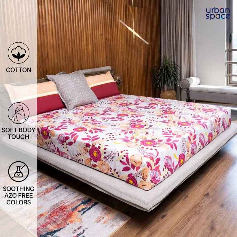 Urban Space Double 100% Cotton 144 TC Floral Bedsheet, 2 Pillow Covers | Earth Pink | 100 x 90 in