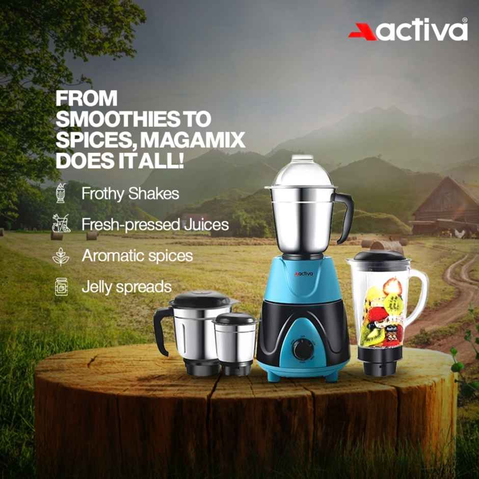 Activa Megamix 1000 W Powerful Motor Mixer Grinder With 4 Jars - Black and Blue