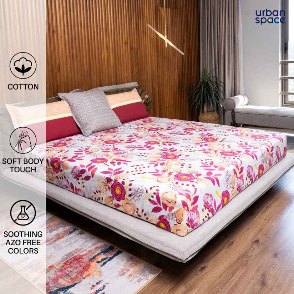Urban Space 144 TC 100% Cotton Double Bedsheet with 2 Pillow Covers - Earth Pink