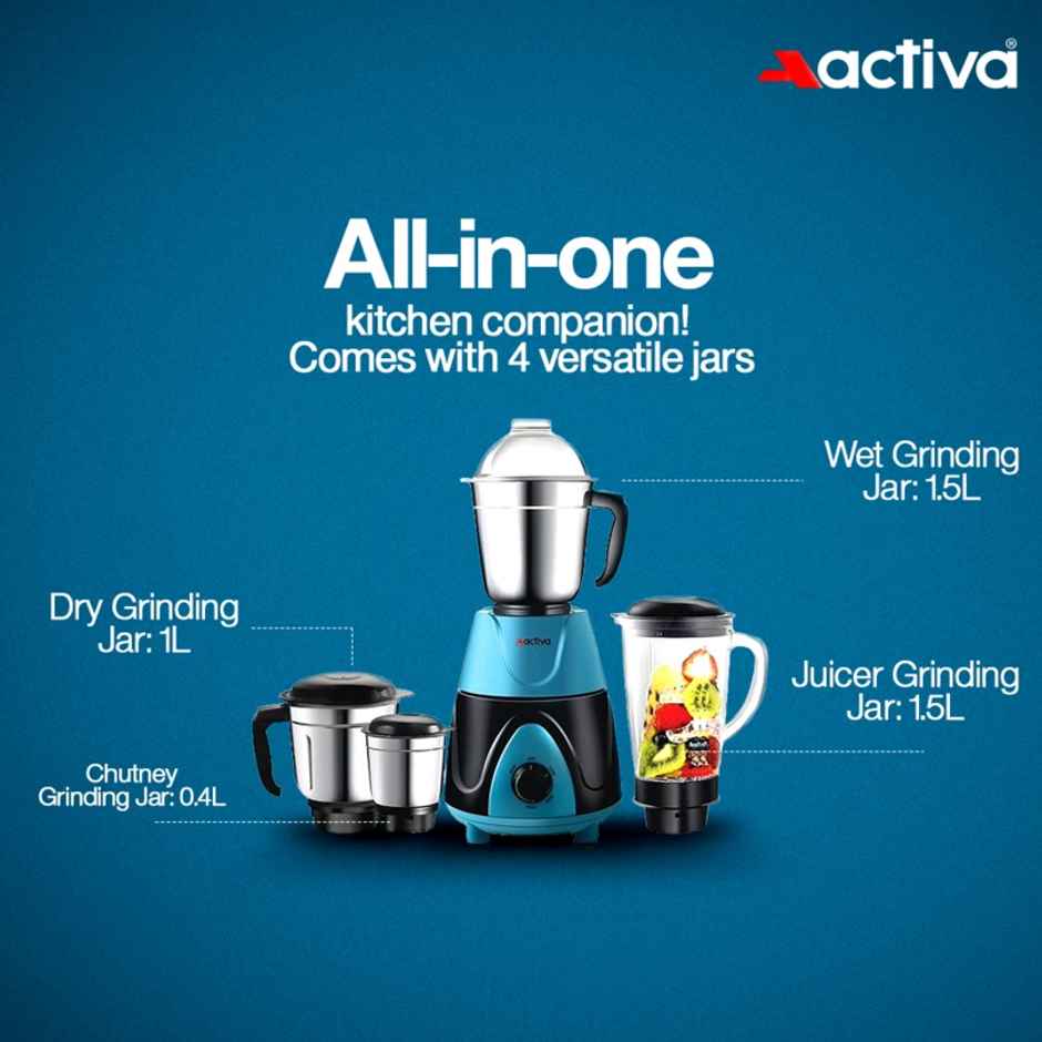Activa Megamix 1000 W Powerful Motor Mixer Grinder With 4 Jars - Black and Blue