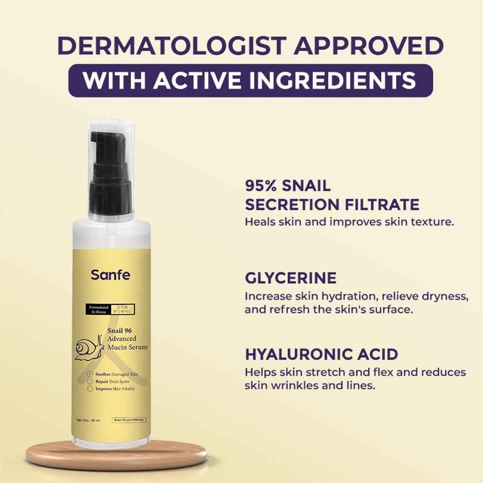 Sanfe Snail 96 Advanced Mucin Serum | For Hydration, Dark Spots, Korean Skincare, Repair
