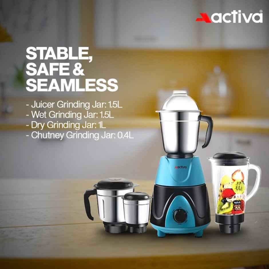 Activa Megamix 1000 W Powerful Motor Mixer Grinder With 4 Jars - Black and Blue