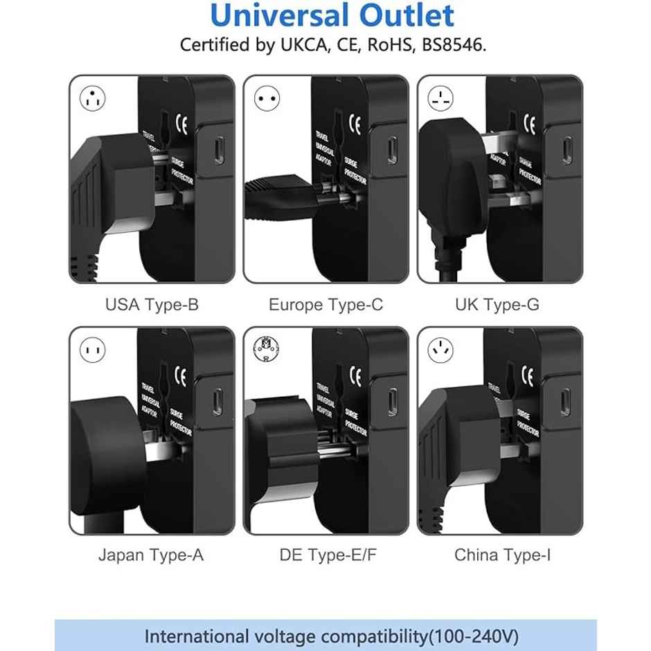 Basics IND Universal Travel Adapter with Surge Protection & USB-C Charging All-in-One Global Power Converter/Compatible with Smartphones, Laptops, Camera, Mobiles, Tablets - Black