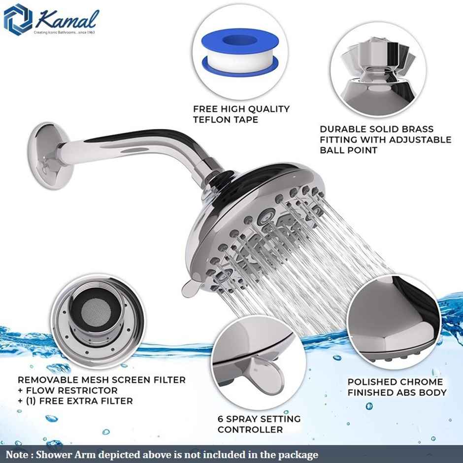 Kamal Overhead Romano 6 Spray Modes Durable Abs Plastic 122 cm Water Saving Without Arm Shower Head