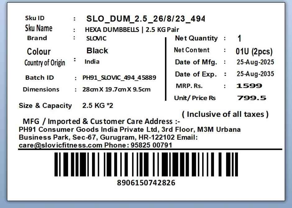 Slovic Hex Rubber Coated Dumbbell Set (2.5 kg X 2) | Black | Home Gym | Non-Slip Coated Handle