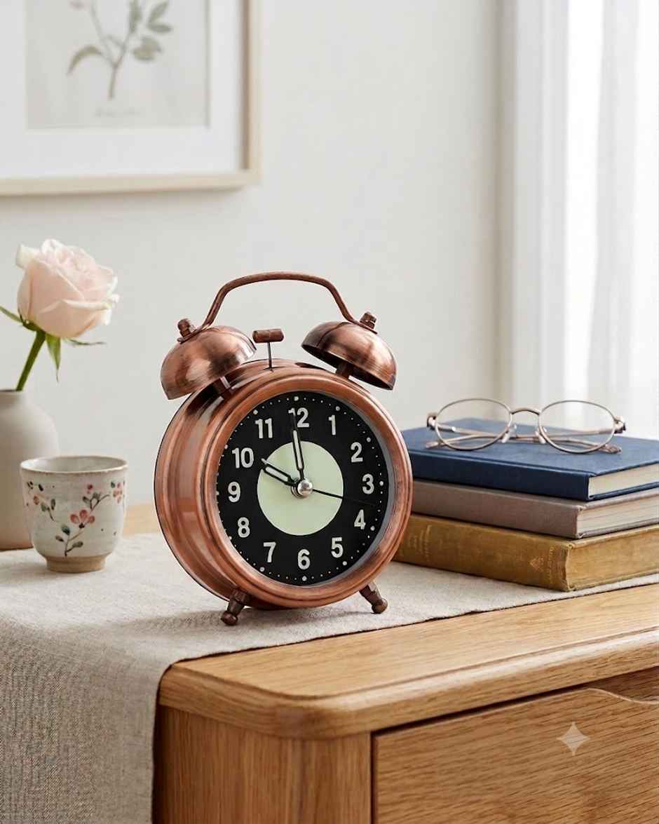 Perpetual Alarm Analog Clock | Non-Ticking Quartz with Backlight | Vintage Neon Copper - 11.4 cm