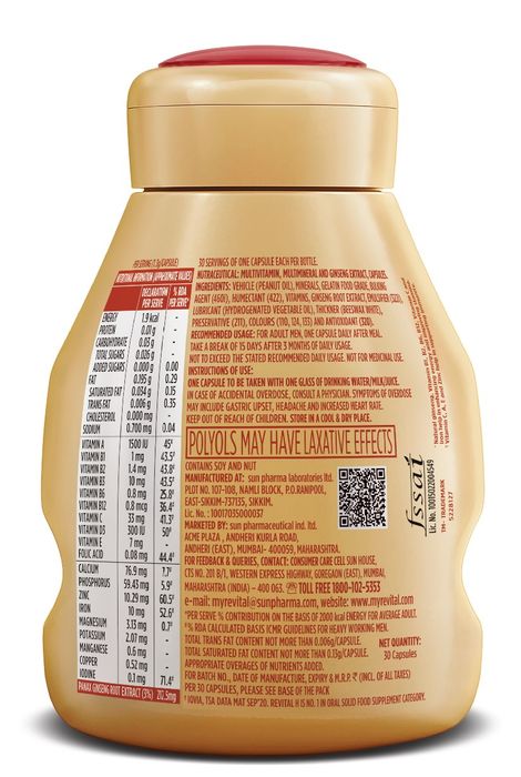 Revital Men Multivitamin with Calcium & Ginseng for Immunity, Strong Bones & Energy (30 Capsules)