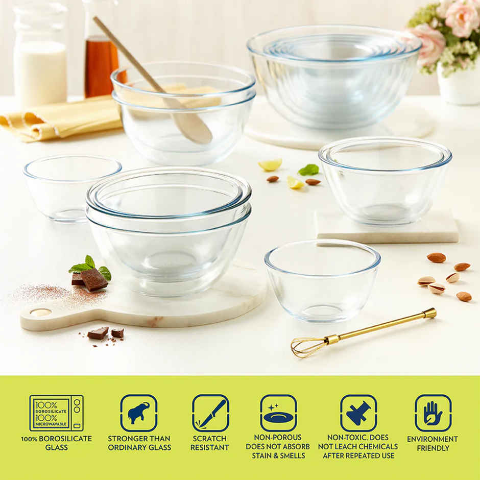 Borosil Mixing Bowl Set With Lid (500 ml) | Borosilicate Glass | Microwave Oven Safe