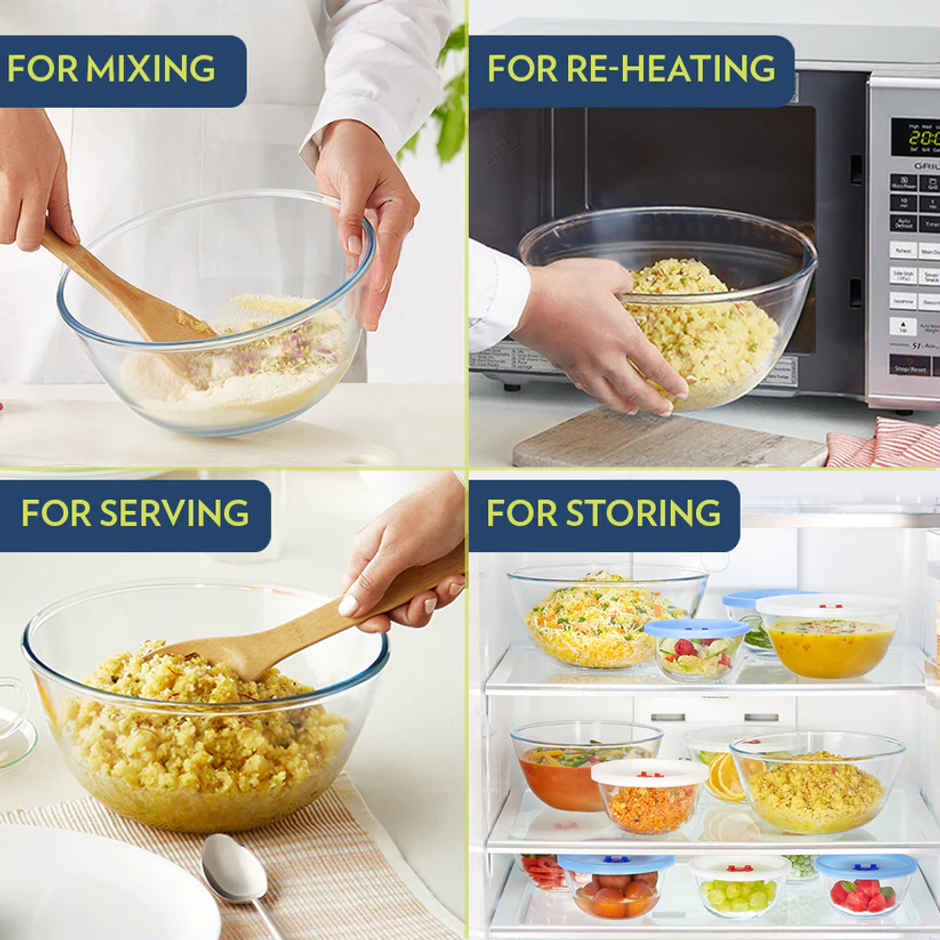 Borosil Mixing Bowl Set With Lid (500 ml) | Borosilicate Glass | Microwave Oven Safe