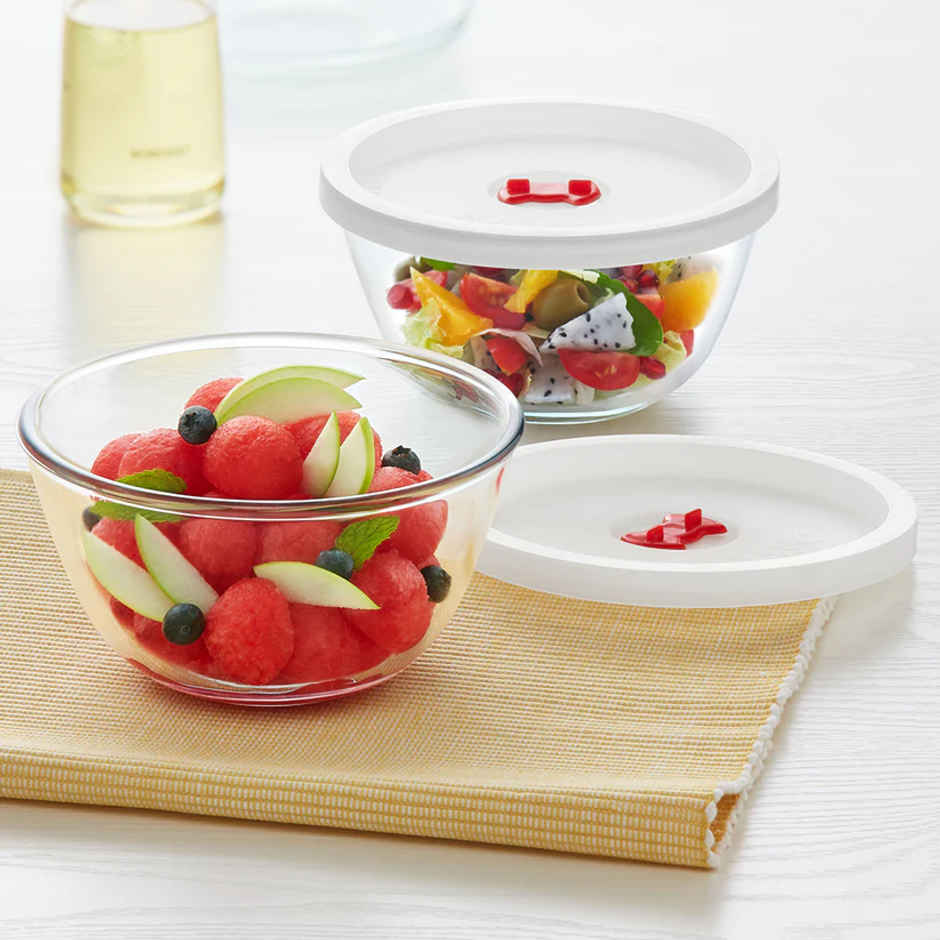 Borosil Mixing Bowl Set With Lid (750 ml) | Borosilicate Glass | Microwave Oven Safe