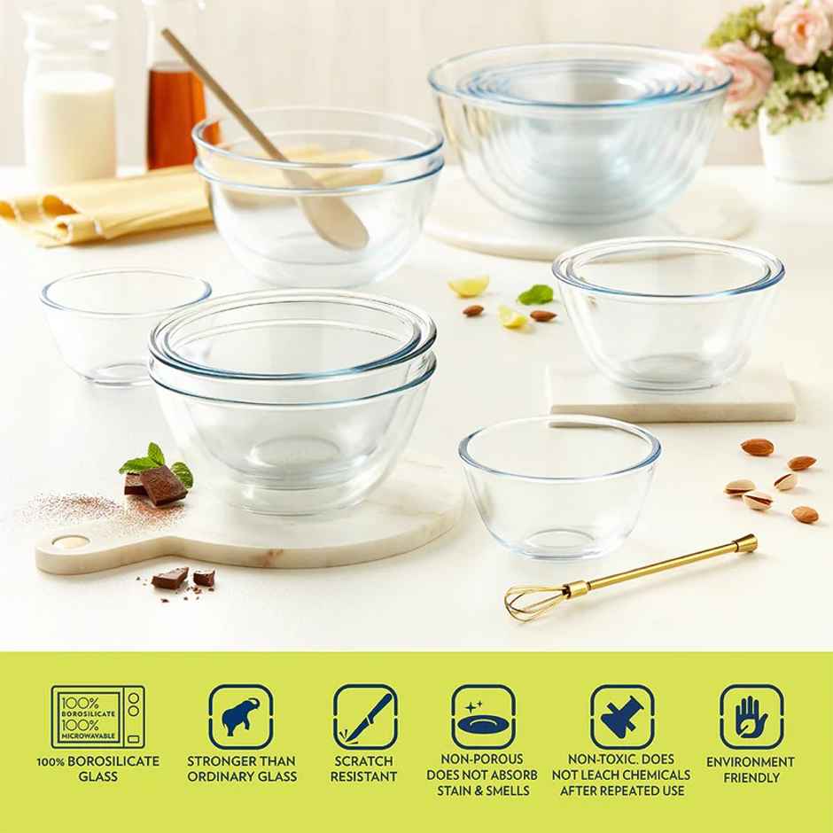 Borosil Mixing Bowl Set With Lid (750 ml) | Borosilicate Glass | Microwave Oven Safe