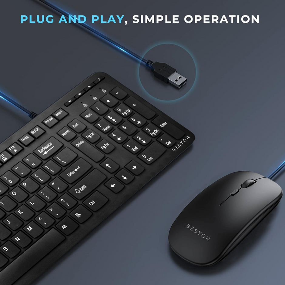Bestor Wired Keyboard And Wired Mouse Combo, Full-Size Keyboard, 3 Button Mouse, Usb Plug-And-Play - Black