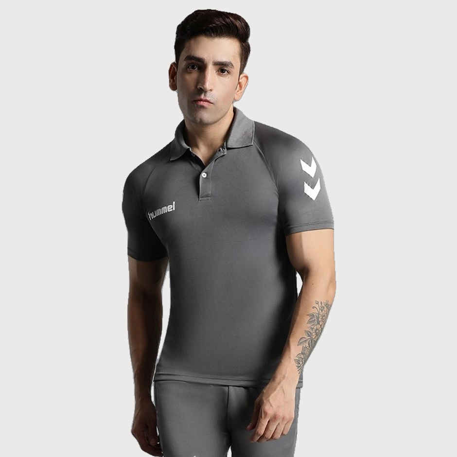 hummel Men's Core Functional Polo Neck Solid Regular Fit Gym T-shirt | Grey - M